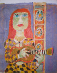 Lady with Mandolin - 22.00 x 28.00 inches - Oil on Canvas Panel