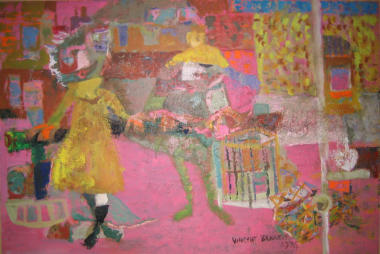 Lobster Pot and Figures - 36.00 x 24.00 inches - Oil on Board