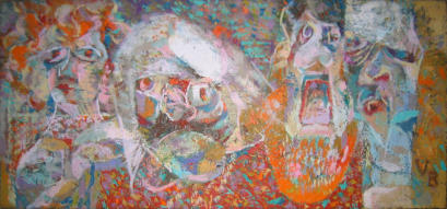 Three Culture Vultures and Dolly Bird - 30.00 x 14.00 inches - Oil on Board