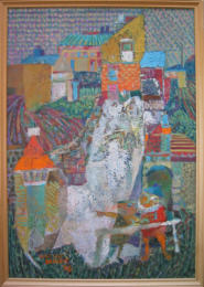 Village Scene - 23.25 x 33.00 inches - Oil on Board